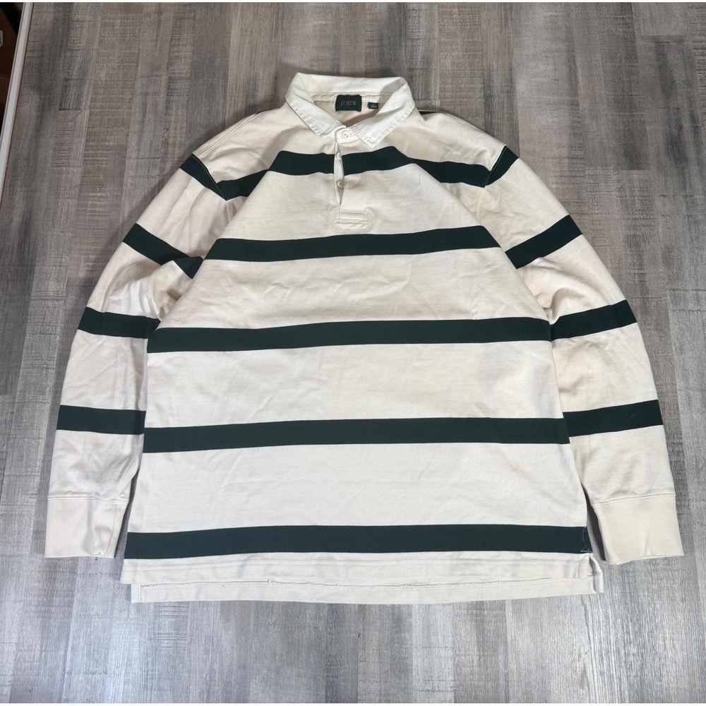 J.Crew Mens XL Rugby Shirt Long Sleeve Striped White Green Elbow Patches Oarsman